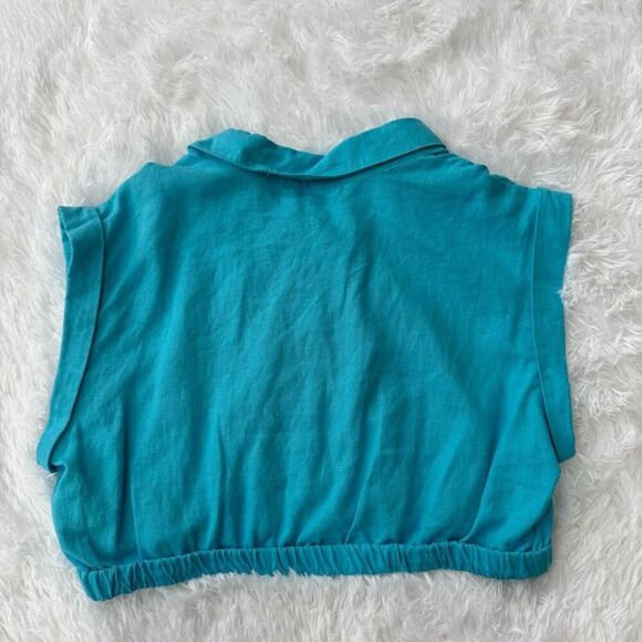 7 For All Mankind Turquoise Linen-Blend Crop Top size L NWT - Picture 2 of 6